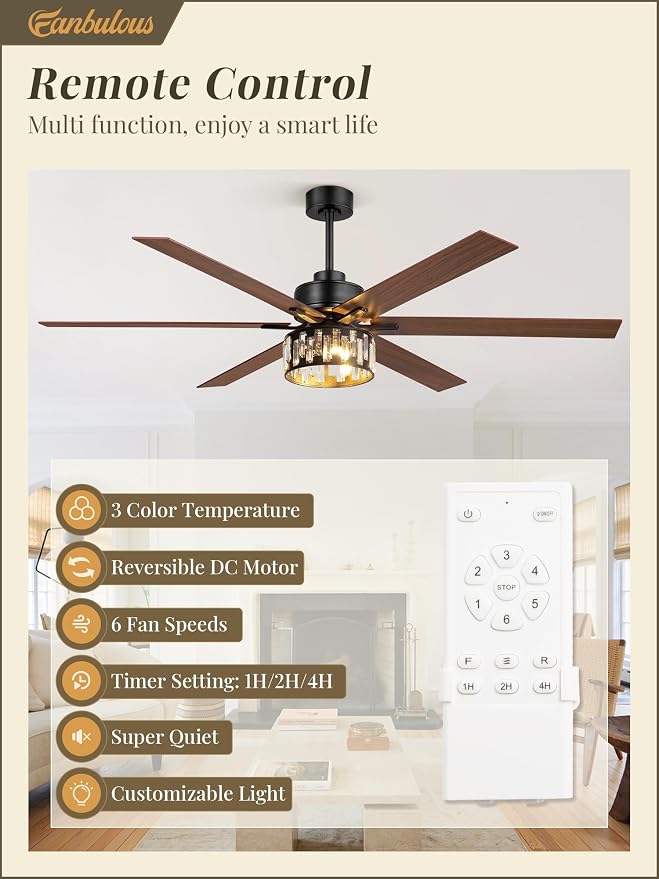 Fanbulous 65 Inch Farmhouse Crystal Ceiling Fan with Lights and Remote, Chandelier Ceiling Fan with Quiet Reversible DC Motor, Wood Blades - Ideal for Bedroom