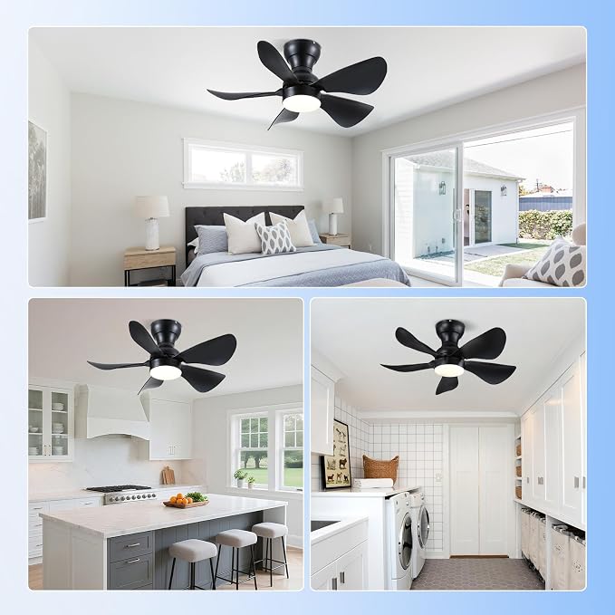 Kviflon 30 Inch Ceiling Fans with Lights Remote Control, Low Profile Small Ceiling Fans with 5 Reversible Propeller Blades, 3 Colors Dimmable LED Lights, 6 Speeds for Bedroom Kids Room Kitchen, Black