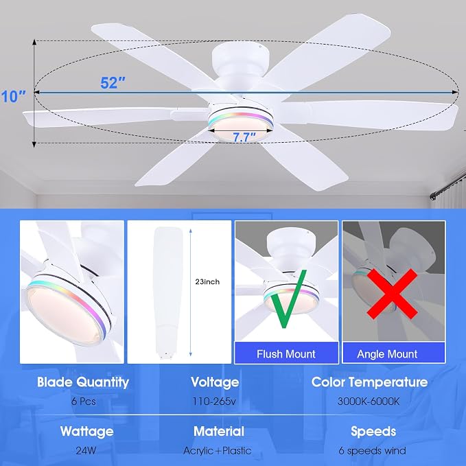 Kviflon 52" Modern Ceiling Fans with RGB Lights Remote/APP Control, Low Profile Flush Mount Ceiling Fan, 6 Reversible Plastic Blades 6 Speeds, RGB + 3 CCT Dimmable Lights for Bedroom Kidsroom, White