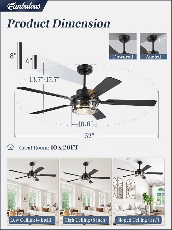 Fanbulous 52 Inch Ceiling Fan with Light and Remote,Downrod Mount Farmhouse Ceiling Fan for Bedroom, Quiet 6-Speed Reversible DC Motor, Rustic Black & Wood Finish Blades