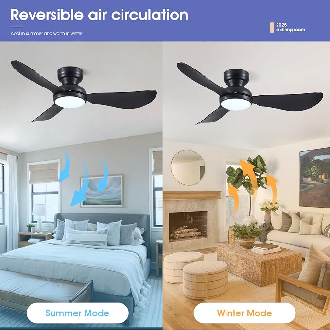 Kviflon 46 Inch Modern Ceiling Fans with Lights, Small Flush Mount Ceiling Fan with Light and Remote/APP Control, 3 Reversible Curved Blades, 6 Speeds, 3 CCT Dimmable Lights for Bedroom, Black