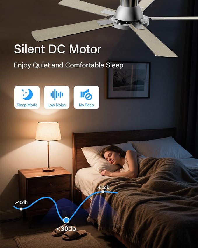 52 Inch Ceiling Fans with Lights and Remote, Flush Mount Low Profile Smart Ceiling Fan with WIFI Alexa App Control, Quiet Reversible DC Motor, 6 Speeds, Dimmable LED Light, Nickel