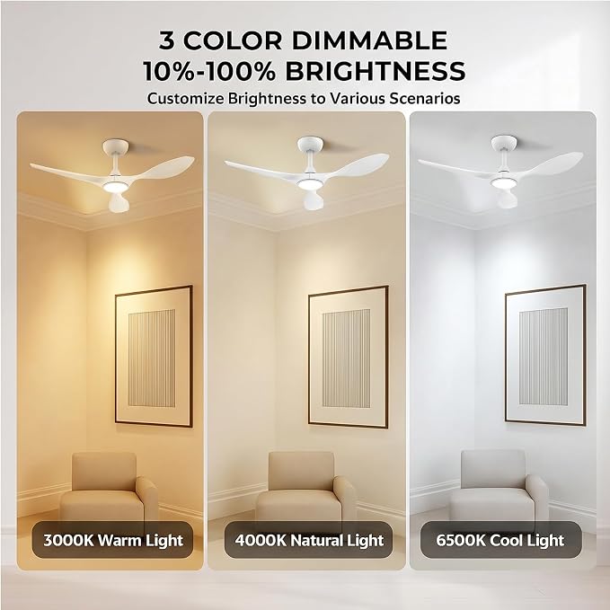 Roomratv Ceiling Fans with Lights and Remote Control,Quiet Noiseless Reversible DC Motor,6 Speeds,Timers, 3 CCT, Indoor Use, Plastic Blades,42 Inch White Modern Ceiling Fan for Bedroom Living Room