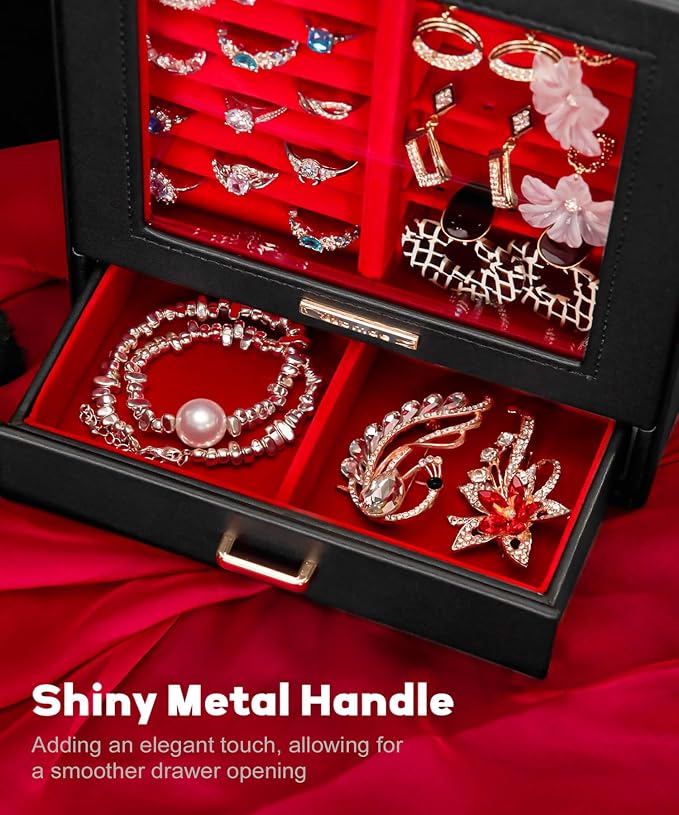 Homde Display Jewelry Box for Girls: Starter Organizer with Clear Window | Vertical Drawers for Earrings Rings Necklaces - Compact Footprint Fits Small Vanities - Birthday&Graduation Gift for Teens