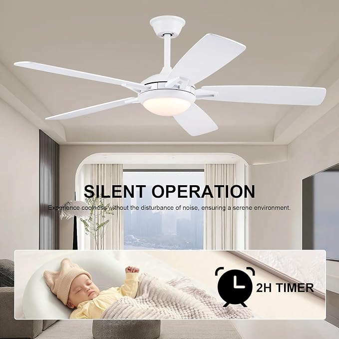 Kviflon 52 Inch Ceiling Fans with Lights and Remote, Modern Indoor Outdoor Ceiling Fan for Bedroom Living Room Patio Porch, 6 Speeds, Reversible Quiet Motor, Dual Finish Wooden Blades, White
