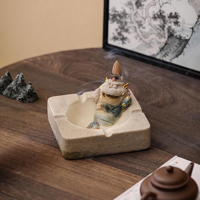 Pixiu Backflow Incense Burner with Ashtray, Mythical Beast Resin Incense Holder & Wealth Guardian Statue, Waterfall Smoke Effect Decor for Desk, Home Office Zen Gift