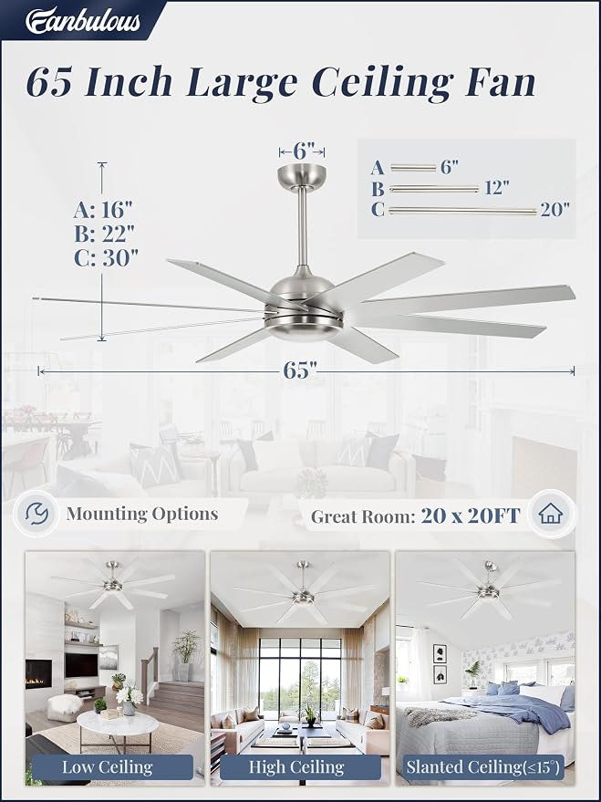65 Inch Ceiling Fans No Light with Remote, Brushed Nickel Indoor/Outdoor Ceiling Fan Without Light with Quiet Reversible DC Motor, 6 Speeds, 8 Blades Large Ceiling Fan for Living Room Bedroom Patio