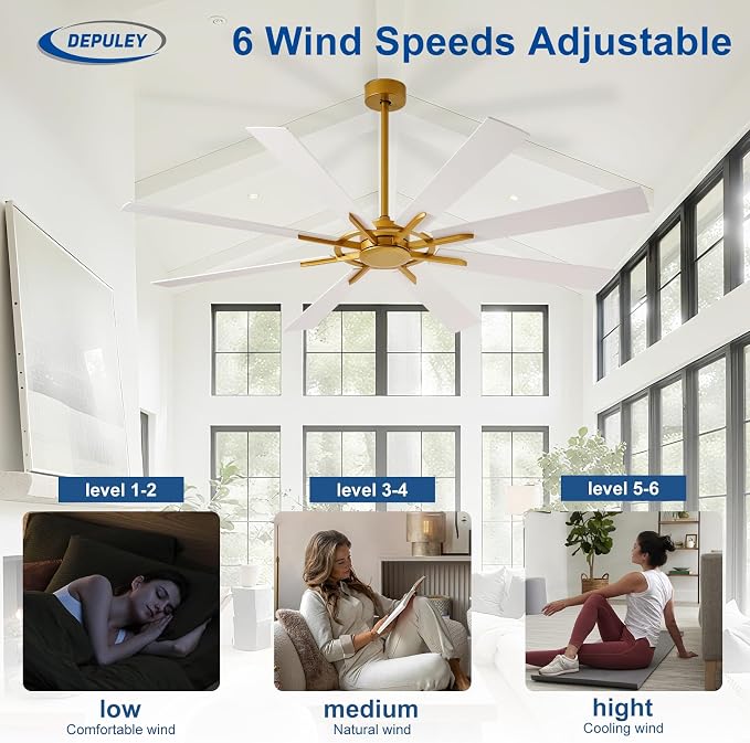 Ceiling Fan Without Light: 72 Inch Big Indoor Outdoor Fan with Remote APP Control - Brass White Large Ceiling Fan no Light 8 Blade Reversible Quiet DC Motor Memory Function Timer