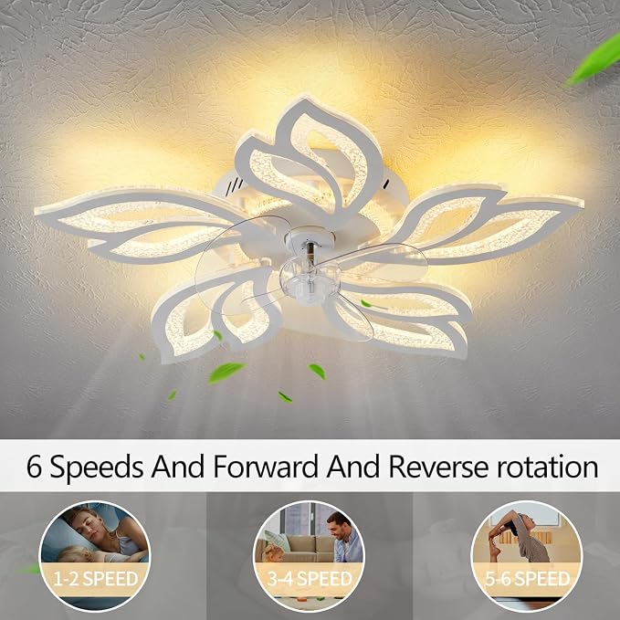 25" White Modern Geometric Ceiling Fan with Lights, 3 Light Color 6 Speeds Flush Mount Low Profile Ceiling Fan for Bedroom Kitchen