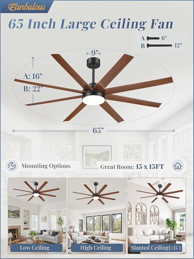 Fanbulous 65 Inch Large Ceiling Fans with Lights, Black Ceiling Fan with Remote Control, Dimmable, 3CCT, Quiet, Modern Ceiling fan For Living Room, Bedroom, Kitchen, Patio, Outdoor