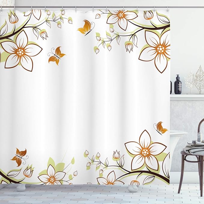 Ambesonne Floral Shower Curtain, Flowers Leaves Branches Buds Butterflies Frame Like Image Print, Cloth Fabric Bathroom Decor Set with Hooks, 69" W x 70" L, Pale Green Pale Brown