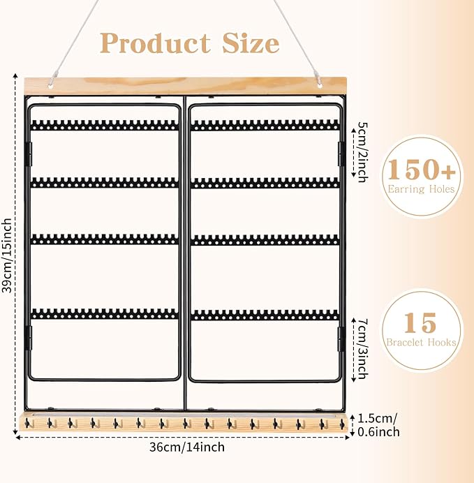Hanging Jewelry Organizer 4-Tier Wall Earring Holder for Necklaces, Rings | Natural wood & solid metal wall jewelry rack , Dual earring grid slots & bottom hooks store earrings, bracelets