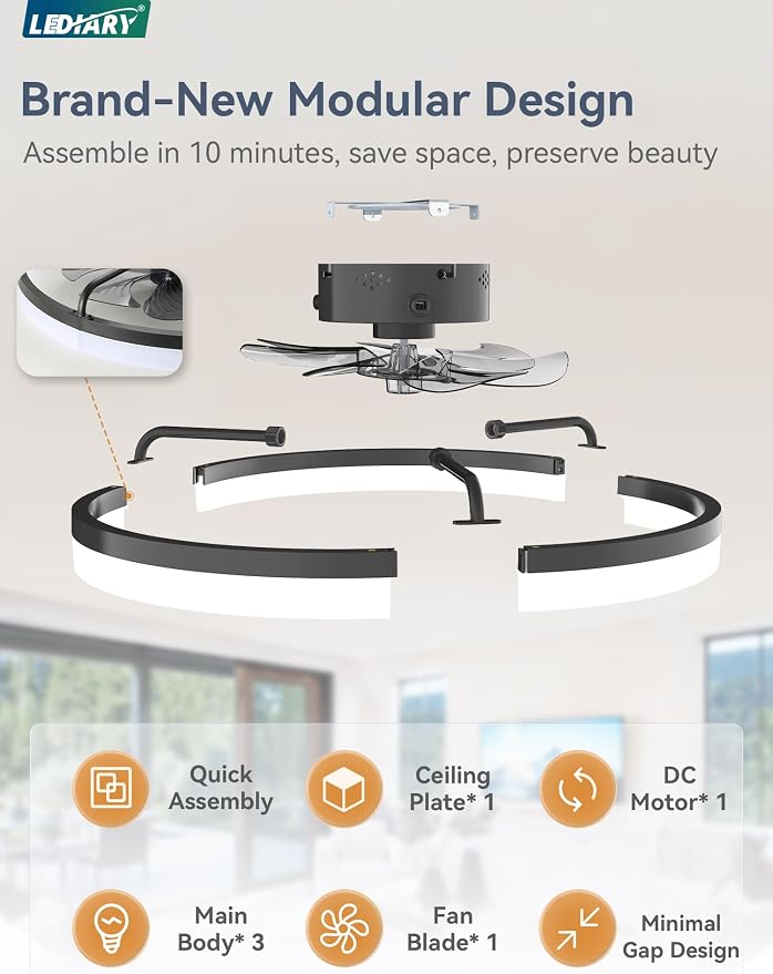 LEDIARY Ceiling Fans with Lights, 23 inch Low Profile Flush Mount Ceiling Fan, Dimmable LED, APP & Remote Control, Quiet Reversible DC Motor, 6 Speeds, Fandelier for Bedroom, Black