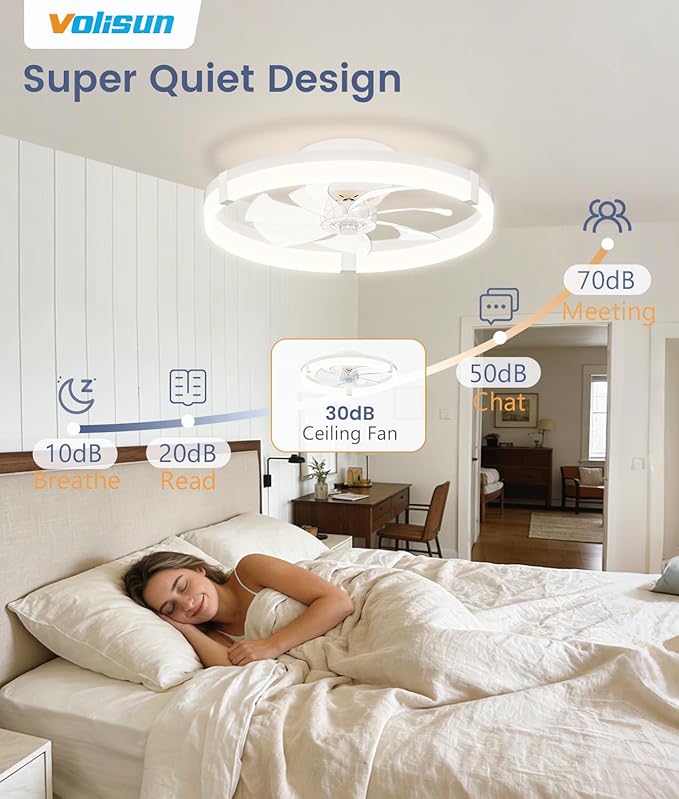 VOLISUN Low Profile Ceiling Fans with Lights and Remote, 20in Flush Mount Ceiling Fans with Light, 3000K-6500K Dimmable Fandelier Ceiling Fan, White Bladeless Ceiling Fan for Bedroom