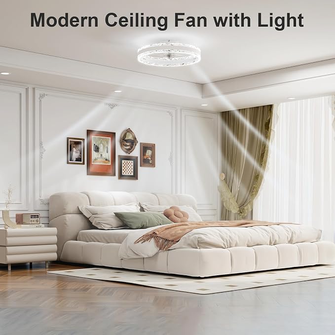 VOLISUN Low Profile Ceiling Fans with Light and Remote, 19.7in Fandelier Ceiling Fan with Light, 3000K-6500K Dimmable Flush Mount LED Ceiling Fan Light, White Modern Ceiling Fan Light for Bedroom
