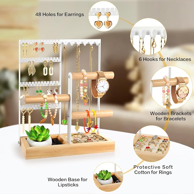Godboat Jewelry Stand - 48 Holes Earring Holder, 4-Tier Necklace Organizer | 6 Hooks Jewelry Organizers and Storage, Bracelet Ring Rack with Wood Box, Preppy Gift Room Decor for Teen Girls Women, White