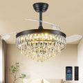 42'' Chandelier Ceiling Fan with Lights, Retractable Fan with Remote and APP, Crystal Fandelier Ceiling Fan, Dimmable LED, Reversible Motor, Quiet for Bedroom Living Room-Black