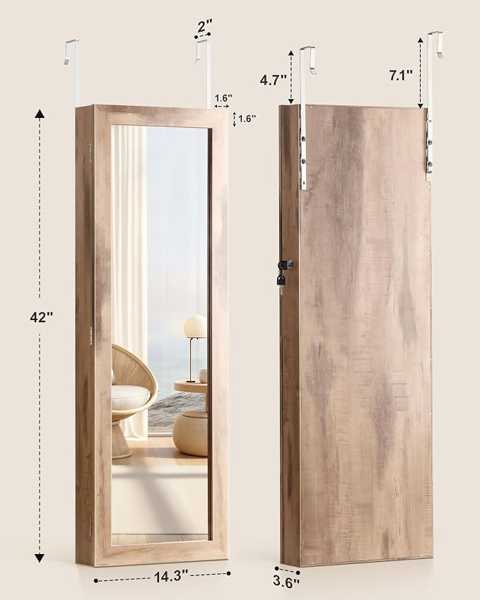 Nicetree 6 LEDs Jewelry Armoire, Hanging Mirror Jewelry Cabinet, Oak | Lockable Mirror with Jewelry Storage, Over the Door Jewelry Organizer, Gift Idea, Easy Assembly, Auto-on Light