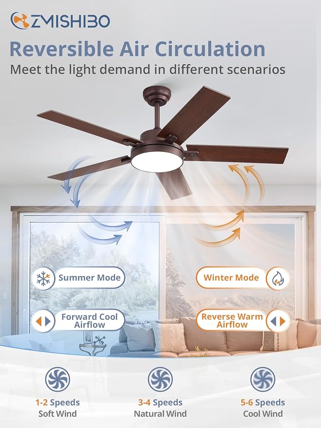 ZMISHIBO 52" Ceiling Fans with Lights, Smart Remote/APP Control, Farmhouse Ceiling Fan with 6 Speeds & 3CCT, Dimmable 30W LED, Quiet DC Motor, Noiseless for Living Room, Bedroom, Kitchen, Oil Bronze