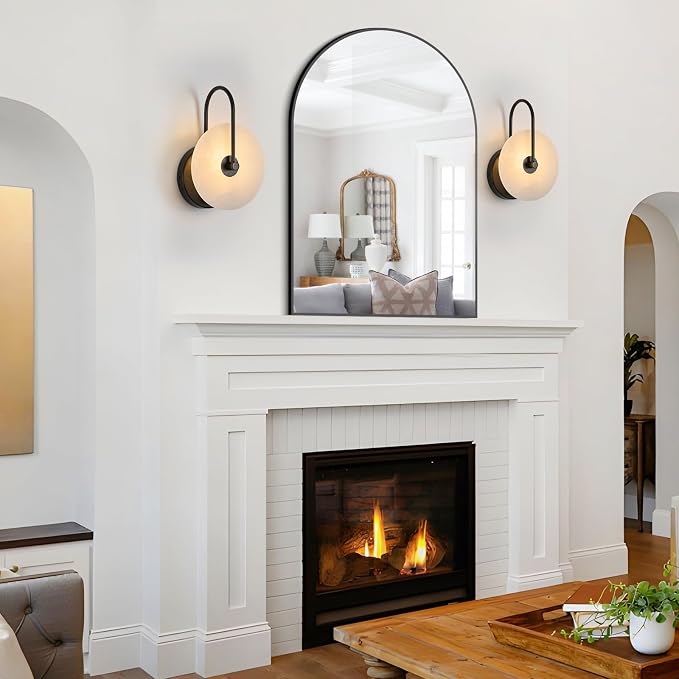 Round Alabaster Wall Sconce Set of Two, Natural Marble Lampshade Wall Sconce, Hardwired Circular Sconce LED Modern Wall Lamp for Bedroom, Stairs, Living Room, Bedside, Hallway 9.84 Inch Black