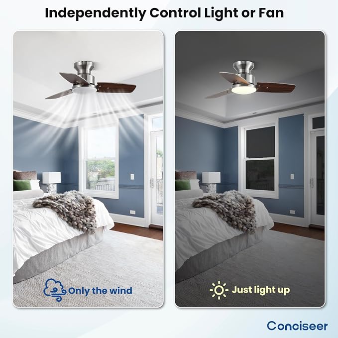 30 Inch Ceiling Fans with Lights and Remote, Bedroom Living Room Office, Flush Mount, 6CCT Dimmable, Dual Color 3 Blades 6 Speed Reversible Quiet DC Motor, Sand-Nickel/Wood Grain, 2 Pack