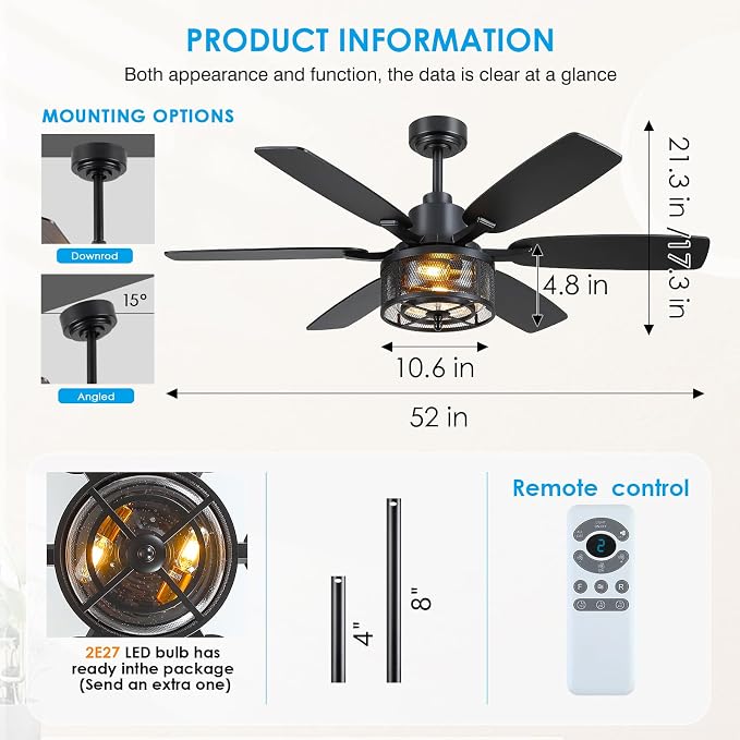 Hounberi 52" Farmhouse Ceiling Fans with Lights and Remote, Black Industrial Caged Ceiling with Seeded Glass, 6-Speed Reversible Quiet DC Motor, Black Ceiling Fan with Light for Living Room Kitchen
