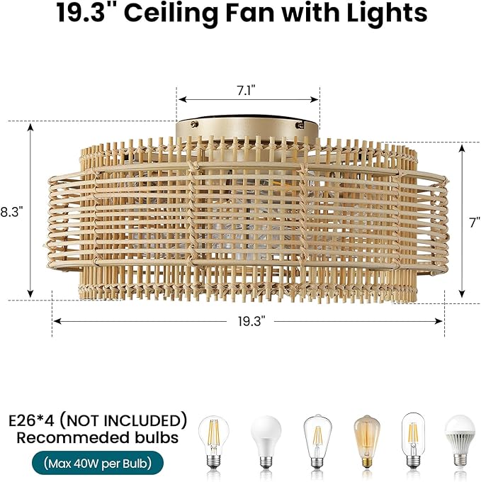 Rattan Boho Ceiling Fans Lights: 19.3'' Low Profile Layered Ceiling Fans with Light & Remote Control Flush Mount Modern Fandelier with Reversible 6 Speeds for Bedroom, Nursery, Living Room, E26 Base