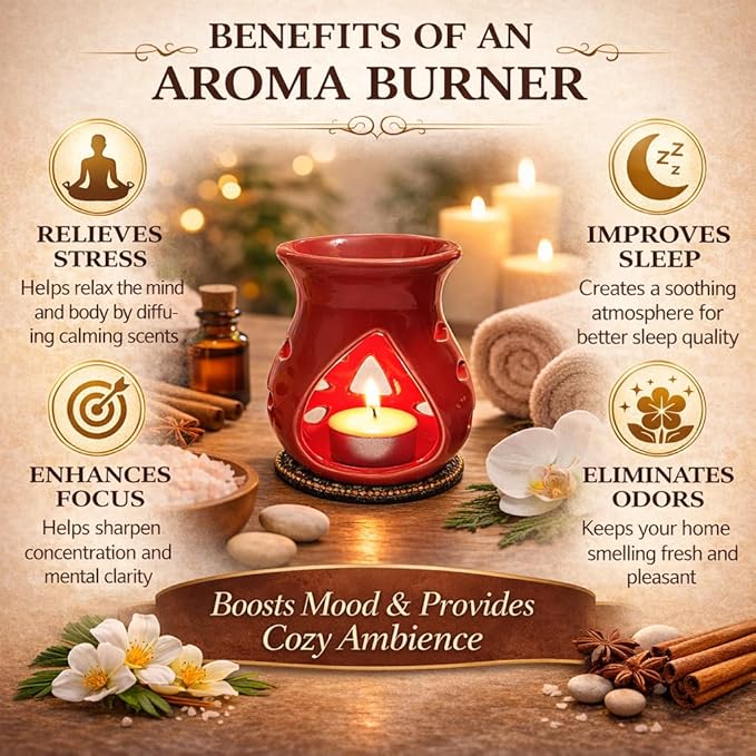 Ceramic Essential Oil Burner Wax Melt Burners |Aromatherapy| Ceramic Oil Diffuser| Candle Tealight Holder (Set of 1) Home Bedroom Decor Christmas Housewarming Gift, Red