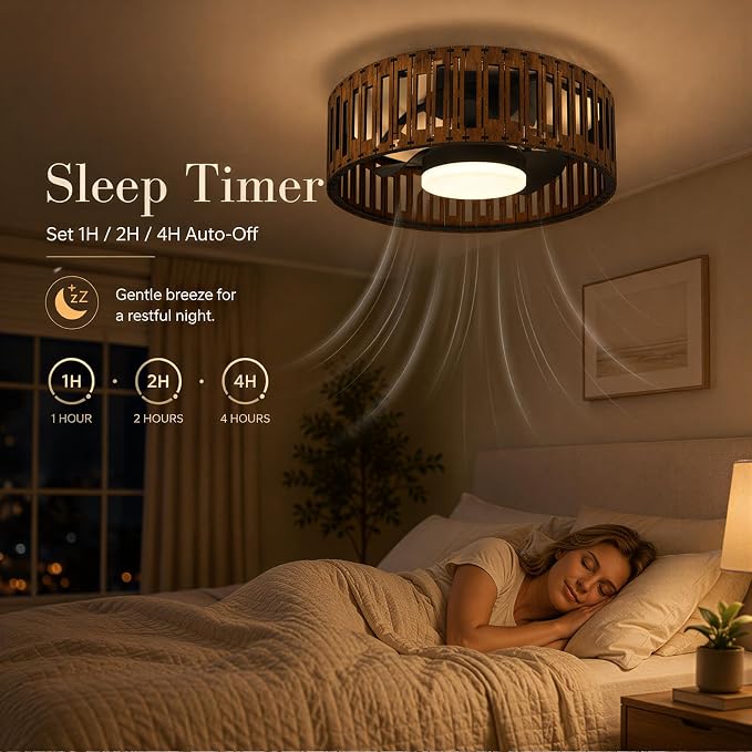 Ceiling Fans with Lights and Remote,20inch Low Profile Flush Mount Ceiling Fan 3000–6000K Dimmable LED Fandelier Bladeless Wood Fan Light for Bedroom Kitchen Living Room Diningroom Foyer Nursery