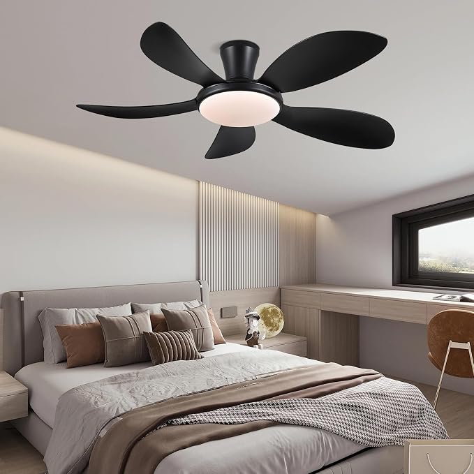 PHORUS 48"Black Low Profile Flush Mount Ceiling Fans with Lights and Remote | Supports Remote and APP, 6 Wind Speeds, Reversible, Dimmable 3 CCT LED, 30WNoiseless DC Motor,Timer, for Bedroom Kitchen