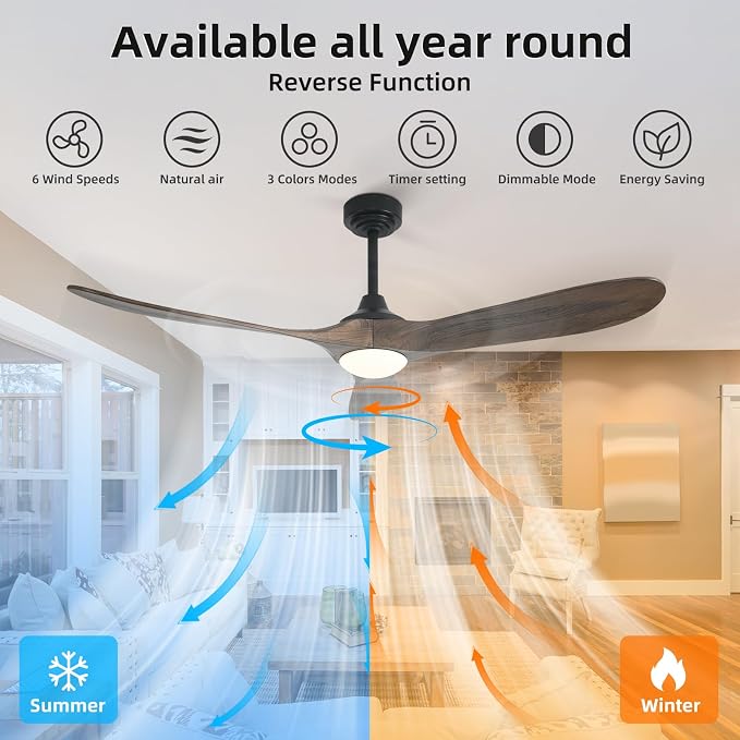 60” Outdoor Ceiling Fan with Light 3 Downrods, Smart Wood Ceiling Fan Compatible with Alexa/Google/App, 3 Blades Modern Walnut Wood Ceiling Fans for Kitchen Living Room Patio,Dark Brown