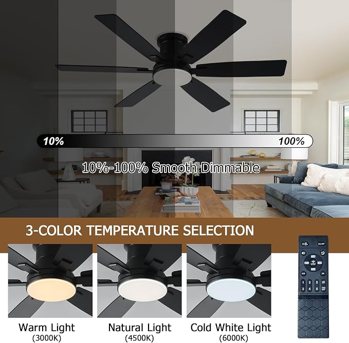 52 inch Black Ceiling Fans with Lights and Remote - Flush Mount Low Profile Ceiling Fan with Light, Reversible, 3CCT, Dimmable, Modern Indoor Ceiling Fan for Bedroom Living Room, Covered Patios