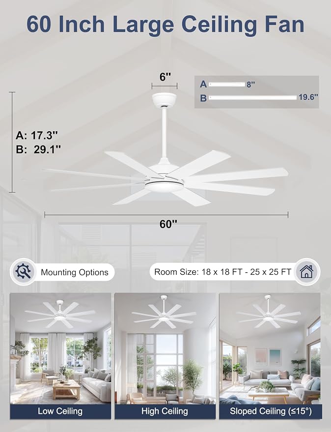 60'' White Ceiling Fan Without Lights for Indoor/Covered Outdoor | Remote/APP Control, 5980 CFM Airflow, Quiet DC Motor, Reversible, 8 Blades Modern Overhead Fan for Sunroom, Screen Porch
