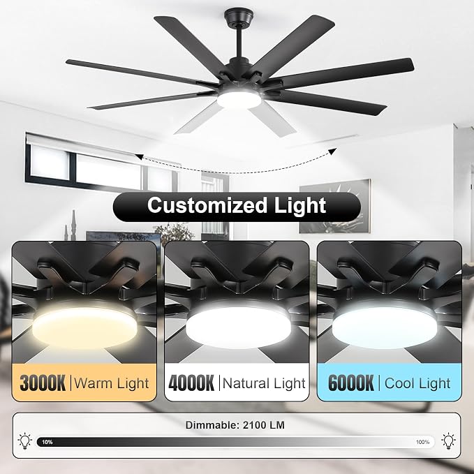 Sofucor 66" Smart Ceiling Fans with Lights, Indoor/Outdoor Ceiling Fan with Light and Remote, Compatible with Alexa/Google/App, Reversible DC Motor, 8 Blade Black Ceiling Fan Light for Patio Bedroom