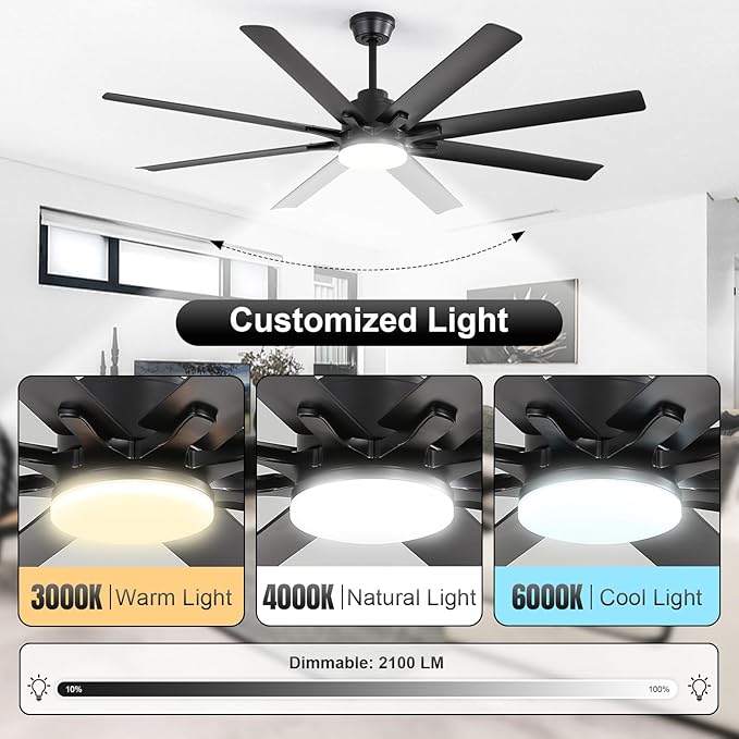 Sofucor 52 Inch Ceiling Fans with Lights, Modern Black Ceiling Fan with Lights and Remote, Reversible Quiet DC Motor, 3 CCT, ABS 8 Blades Indoor/Outdoor Fan Light for Bedroom Living Room Patio
