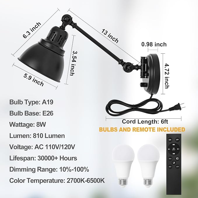 Plug in Wall Sconces Set of Two with Remote, Stepless Dimming & Stepless Colors 2700K-6500K, Swing Arm Wall Lamp, Plug in Wall Light with Night Light & Timer, Hardwired or Plug-in, LED Bulbs Included