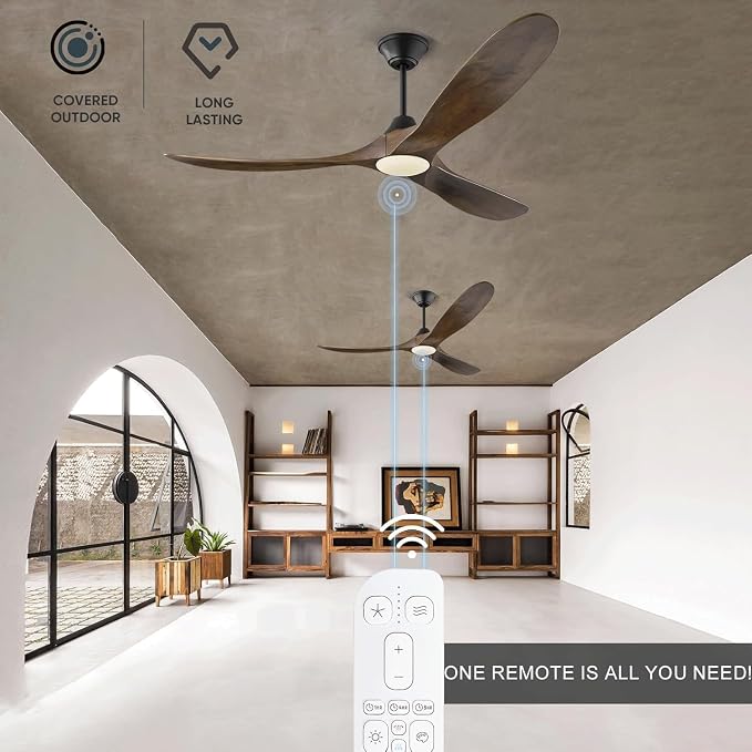 52 Inch Smart Ceiling Fan with Lights, Outdoor Ceiling Fans for Patios Damp Rated, 3 Blades Propeller Walnut Wood Farmhouse Ceiling Fan, Large Airflow DC Ceiling Fan with Remote/ APP/ Alexa Control