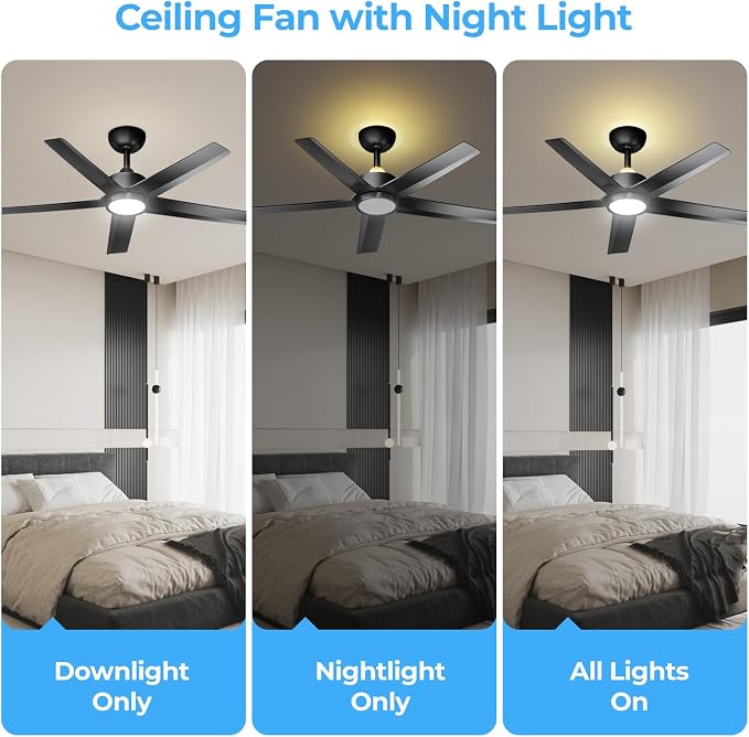 ocioc Ceiling Fans with Lights and Remote,44 Inch Black Ceiling Fan with Backlight,6 Speeds,3000–6500K Dimmable,Quiet Reversible DC Motor,Modern Ceiling Fan for Bedroom Living Room Patio