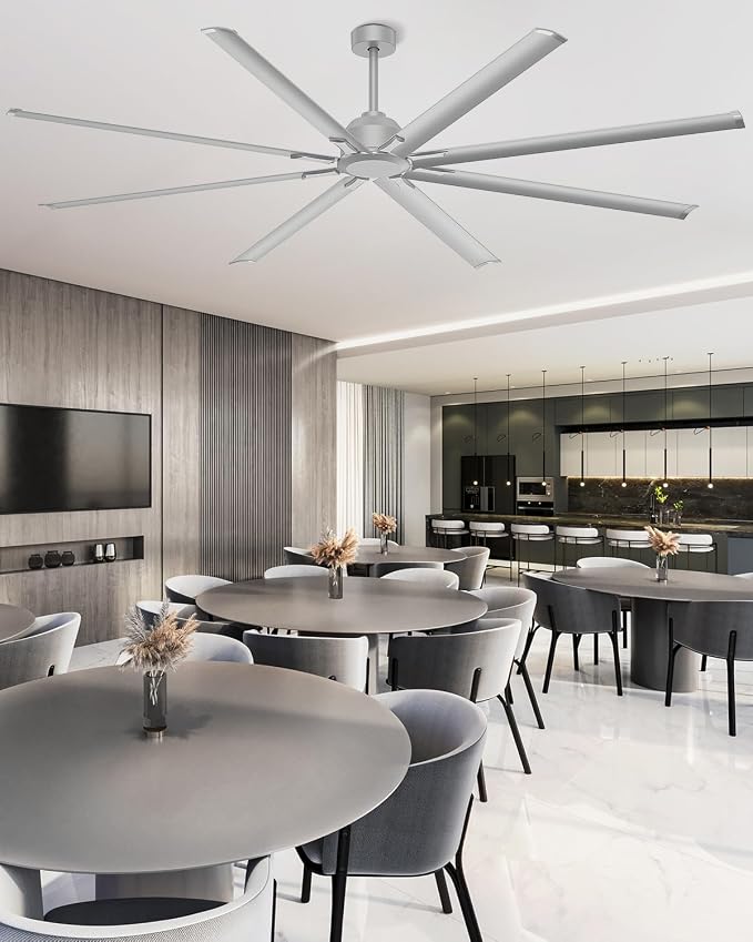 96 Inch Industrial Ceiling Fan, Large Commercial HVLS Shop Ceiling Fan for Garage Gatio Gym, Big Assed Ceiling Fans with 8 Metal Blades, Quiet Reversible DC Motor, Remote Control, 6 Speeds(Silver)