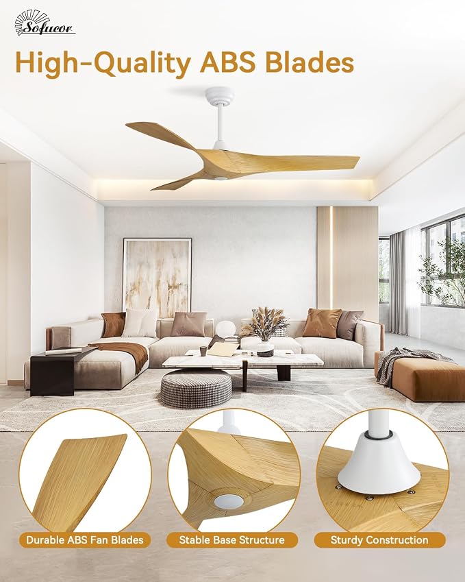 Sofucor 52 Inch Smart Ceiling Fan No Light, Modern Ceiling Fan with 3 Plastic Blades, Compatible with Alexa/Google/App, 6 Speeds 4500CFM, Timer Quiet Reversible DC Motor, ETL/FCC