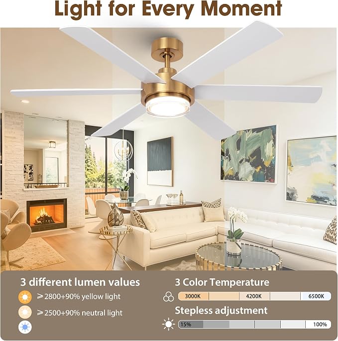 54" Gold Ceiling Fan with Lights and Remote, Modern White & Gold Ceiling Fan, Quiet DC Motor, 6-Speed Reversible Fan, Dimmable LED, Luxury Ceiling Fan for Bedroom Living Room Dining Room