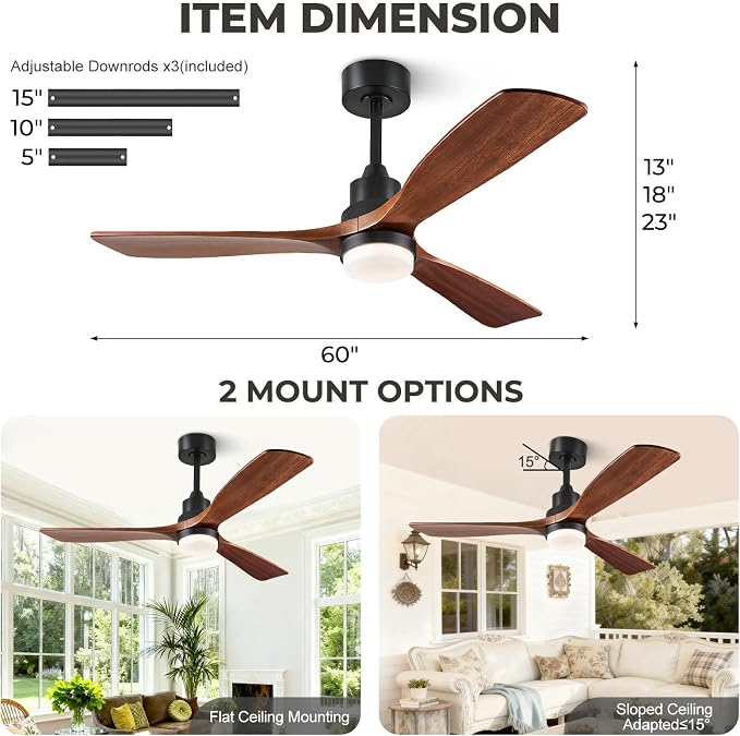 60 inch Smart Ceiling Fan with Lights,Outdoor Ceiling Fan 3 Wood Blades Compatible with Alexa/Gg Voice Control&App&Remote,Quiet DC Motor for Covered Patio Porch Bedroom,Dark Walnut