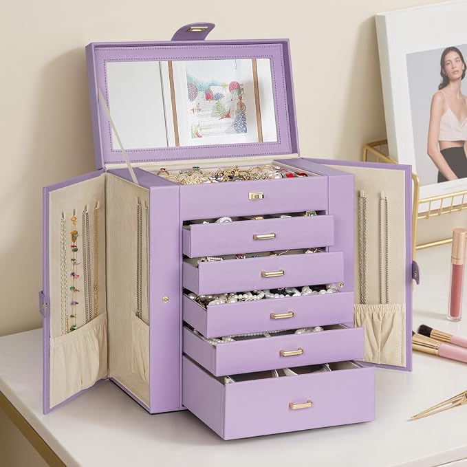 AKOZLIN 6-Tier Jewelry Box Organizer Functional 5 Drawers Leather Jewelry Storage Case for Women Girls Ring Necklace Earring Bracelet Holder Organizer with Mirror Extra Large Violet