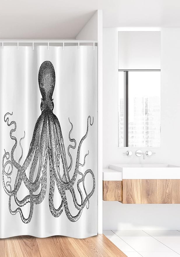 Ambesonne Nautical Stall Shower Curtain, Vintage Engraved Illustration of an Octopus Sea Creature Monochrome Art, Fabric Bathroom Decor Set with Hooks, 36" W x 72" L, Grey Black