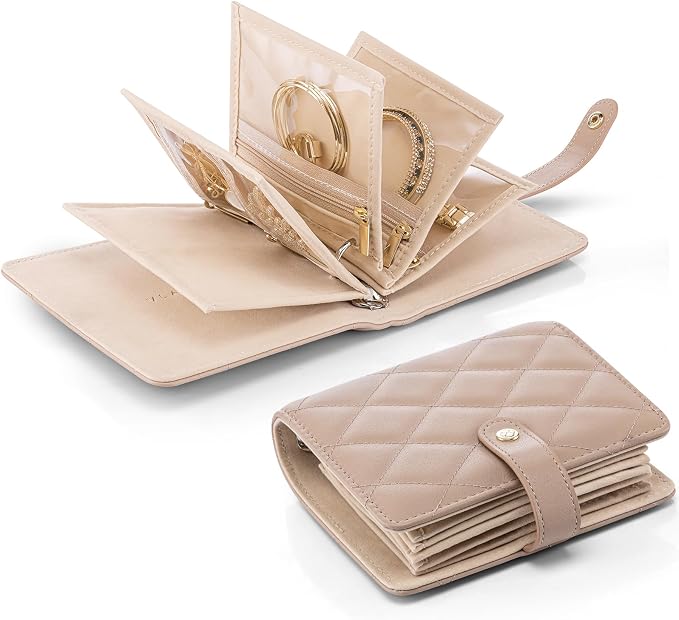 VLANDO Travel Jewelry Case,Portable Jewelry Organizer Storage Book with Clear Zipper Velvet Jewelry Pouch Bag Gifts for Traveler Women Girls-Toffee