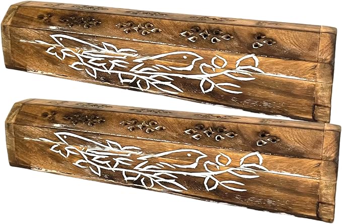 2 Pack Wooden Coffin Incense Sticks Burner - 12 Inches Carved - Storage Compartment (Carved Bird on Branch)