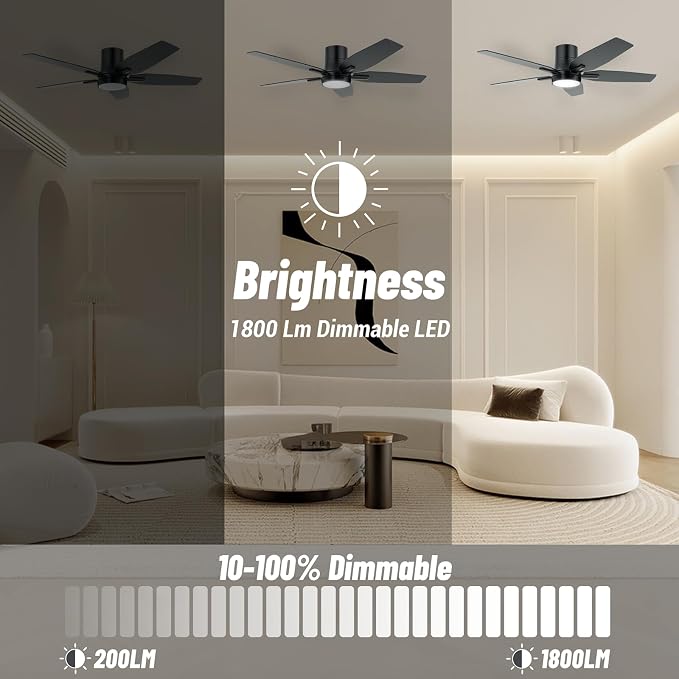 42" Flush Mount Ceiling Fan - 5 Blades Modern Ceiling Fan with Light for Living Room and Bedroom - Quiet DC Motor - Dimmable - Reversible Function - Black