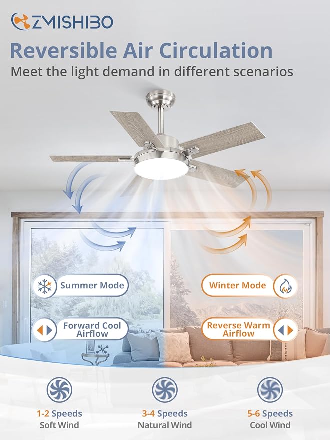 ZMISHIBO 42 Inch Ceiling Fans with Lights, Smart Remote/APP Control, Modern Ceiling Fan with 6 Speeds & 3CCT, Dimmable 30W LED, Quiet DC Motor, Noiseless for Living Room, Bedroom, Kitchen, Nickel
