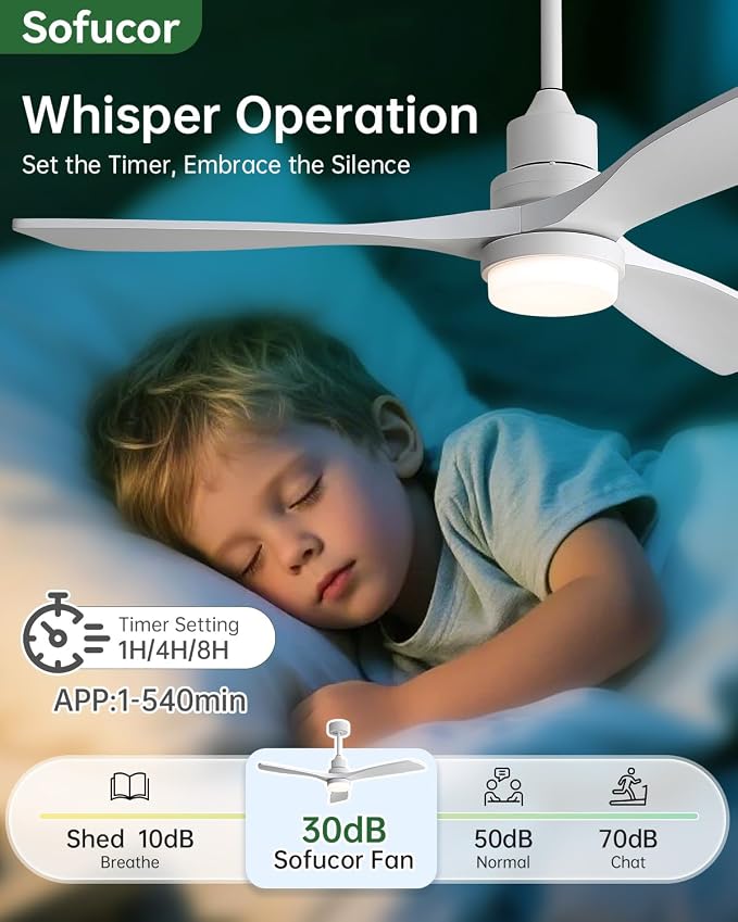 Sofucor 52 Inch Smart Ceiling Fans with Lights for APP/Remote/Voice Control | Downrod Mount, White Wood Blade,1/4/8 H Timer, 3CCT Dimmable 6 Speed, Quiet DC Motor, Outdoor Bedroom/Living Room/Patio