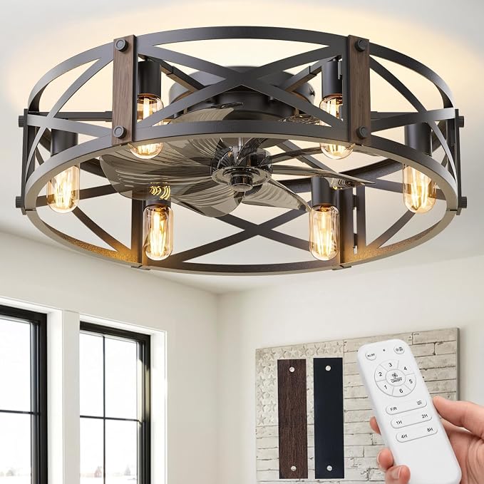 Passky 24" Farmhouse Flush Mount Ceiling Fans with Lights and Remote, Industrial Black Caged Low Profile Fandelier, 6 Speeds Bladeless Ceiling Fan for Bedroom, Kitchen, Living Room